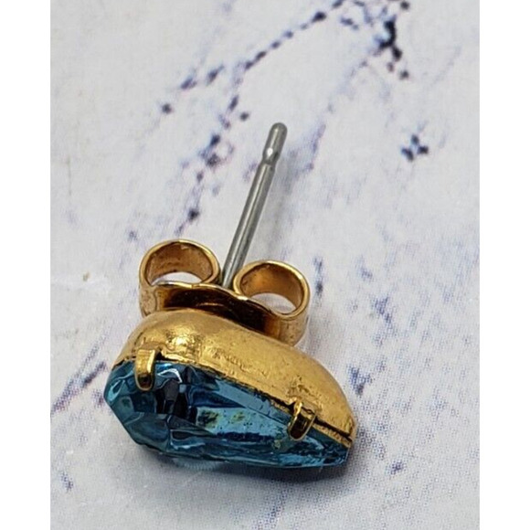 Gold Tone With Blue Gem Stone Teardrop Stud Earrings - Picture 3 of 7